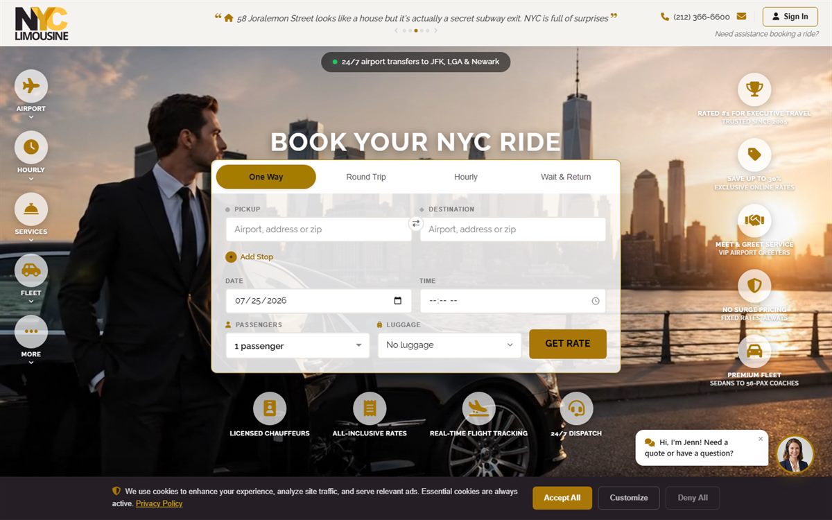 NYC Limousine homepage — a chauffeur booking platform